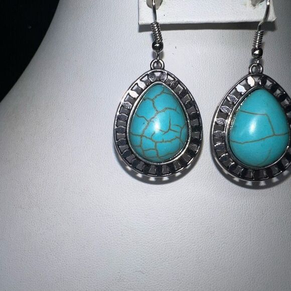 Silver Tone And Faux Turquoise Dangle Earrings - Picture 3 of 6